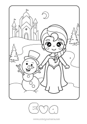 Página de desenho personalizável Inverno Boneco de neve Princesa Desenho Animado Princesas famosas