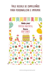 Colorear personalizable Regalos Cumpleaños Pastel de cumpleaños Vale de regalo personalizable para imprimir