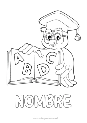 Coloriage personnalisable Chouette, Hibou Maîtresse/Maître Livre Oiseaux et mammifères volants Lecture Métiers de l'éducation Rentrée scolaire Toque d'étudiant Lettre de l'alphabet