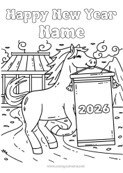 Página de desenho personalizável Cavalo Feliz Ano Novo Ano Novo Chinês Animais de fazenda Mensagem de 