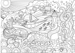 Coloriage personnalisable Baleine Mer Bateau Zentangle Animaux marins ou aquatique Phare Véhicules maritimes Vagues