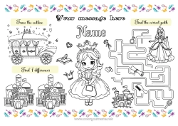 Coloriage personnalisable Princesse Activités enfants Set de table à imprimer Jeu des différences