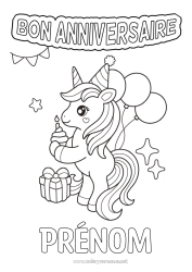Coloriage personnalisable Gâteau Anniversaire Licorne Ballons Animal Joyeux anniversaire (français) Message Dragons, licornes et animaux fantastiques