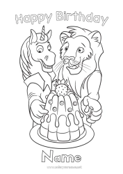 Anpassbare Malvorlage Kuchen Geburtstag Pferd Löwe Tier Alles Gute zum Geburtstag (Französisch) Nachricht Bauernhoftiere Wilde Tiere Afrikas