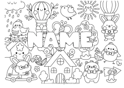 Coloriage personnalisable Kawaii Printemps Nom décoré Pâques Symboles Coloriages complexes