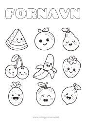 Coloriage personnalisable Kawaii Cerise Ananas Fruits Coloriages faciles Fraise Pastèque Banane Poire Citron Pomme