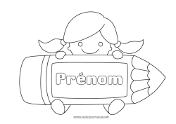 Coloriage personnalisable Fille Enfant Crayon Rentrée scolaire élève Fournitures scolaires étiquette