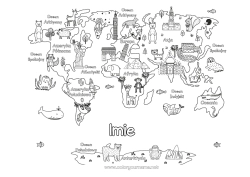 Coloriage personnalisable Animal Géographie Carte du monde Monument Voyage de lutin farceur Carte tour du monde des lutins farceurs