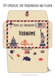 Coloriage personnalisable USA Symboles Pays 4 juillet Enveloppe à imprimer Voyage de lutin farceur Enveloppe pour courrier du lutin farceur de Noël