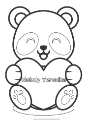 Página de desenho personalizável Fofo Coração Kawaii Eu te amo Animal Panda Grande coração Desenhos para colorir fáceis Outros animais do mundo