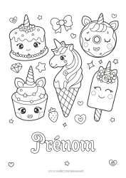 Customizable coloring page Cake Kawaii Unicorn Donuts Treats Ice cream Cupcake Dragons, unicorns and fantastic animals