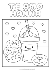 Página de desenho personalizável Kawaii Rosquinhas Bebida Refrigerante Chá de bolhas
