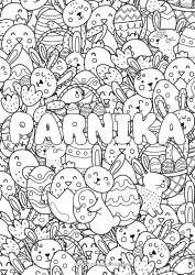 Página de desenho personalizável Pintinho Coelho Nome decorado Ovos de Páscoa Páscoa Doodle Animais de fazenda Animais da floresta