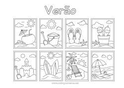 Coloriage personnalisable Vacances Été Activités enfants Gourmandises, sucreries Glace Symboles Tong Coloriages faciles Surf Hamac Château de sable Parasol Cocktail Transat Seau de plage Jeux et jouets Sports nautiques