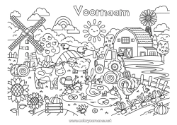 Página de desenho personalizável Ovelha Galinha Animal Vaca Trator Veículos da fazenda Fazenda Colorações Complexas Animais de fazenda Agricultor Moinho Profissões na fazenda