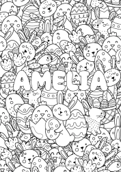 Página de desenho personalizável Pintinho Coelho Nome decorado Ovos de Páscoa Páscoa Doodle Animais de fazenda Animais da floresta