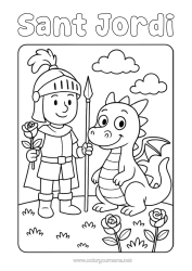 Página de desenho personalizável Dragão Espanha Rosa Cavaleiro Livro Dragões, unicórnios e animais fantásticos Sant Jordi ou São Jorge Leitura