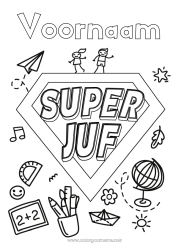 Coloriage personnalisable Héros Maîtresse/Maître Badge super Globe terrestre Métiers de l'éducation Avion en papier
