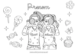 Anpassningsbar färgläggningssida Godis Vän, Väninna Gottigheter, sötsaker Slickepinne