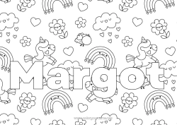 Coloriage personnalisable Fleurs Kawaii Licorne Animal Nom décoré Arc en ciel Pluie Dragons, licornes et animaux fantastiques Nuage Fond décoratif