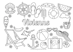 Coloriage personnalisable Vacances Été Fruits Gourmandises, sucreries Glace Tong Ancre marine Bouée Cocktail Pastèque Banane Transat Valises et bagages Lunettes de soleil Barre de Bateau