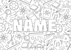 Coloriage personnalisable Nom décoré École Jeux et jouets Rentrée scolaire Fournitures scolaires Loupe Ciseaux Fond décoratif