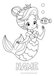 Coloriage personnalisable Princesse Mer Poisson Sirène Conte de fées Animaux marins ou aquatique