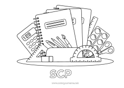 Coloriage personnalisable Livre Lecture Crayon Rentrée scolaire Fournitures scolaires équerre Calculatrice Rapporteur Ciseaux