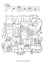 Página de desenho personalizável Gato Kawaii Comida Animal Cães e gatos