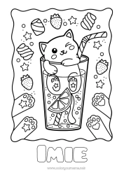 Coloriage personnalisable Bonbons Chat Kawaii Fruits Boisson Gourmandises, sucreries Fraise Chiens et chats Limonade Chamallows, guimauves