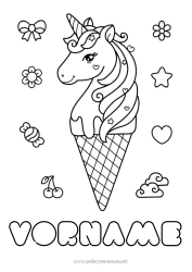 Página de desenho personalizável Kawaii Unicórnio Animal Guloseimas, doces Sorvete Colorações Intermediárias Dragões, unicórnios e animais fantásticos