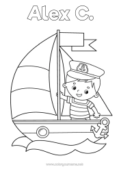 Página de desenho personalizável Verão Mar Veículos Barco Veleiro Marinheiro Veículos marítimos Pescador Profissões do Mar