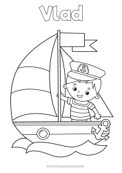 Página de desenho personalizável Verão Mar Veículos Barco Veleiro Marinheiro Veículos marítimos Pescador Profissões do Mar