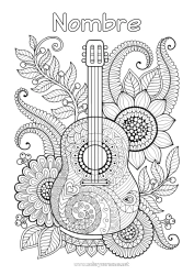 Página de desenho personalizável Flores Mandala Música Colorações Complexas Anti-stress Festa da Música Guitarra Instrumentos musicais