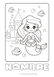 Página de desenho personalizável Kawaii Princesa Sereia Conto de Fadas Desenho Animado Princesas famosas