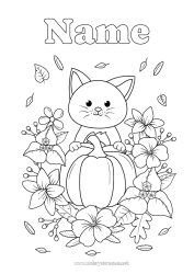 Página de desenho personalizável Abóbora Flores Gato Folhas Cães e gatos