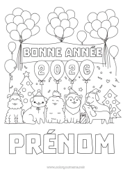 Coloriage personnalisable Ballons Fête Chien Bonne année Animal Chiens et chats Sapin Message 