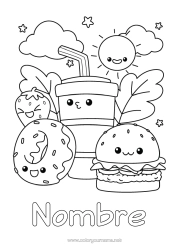 Página de desenho personalizável Kawaii Rosquinhas Bebida Refrigerante Colorações Intermediárias Hambúrguer