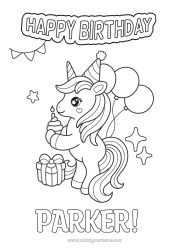 Página de desenho personalizável Bolo Aniversário Unicórnio Bolas Animal Feliz aniversário (francês) Mensagem Dragões, unicórnios e animais fantásticos