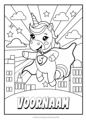 Coloriage personnalisable Licorne Héros Animal Dragons, licornes et animaux fantastiques Paysage de ville Badge super