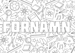 Pagină de colorat personalizabilă Nume decorat Școală Jocuri și jucării Întoarcerea la școală Materiale școlare Lupă Foarfecă Fundal decorativ