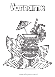 Página de desenho personalizável Mandala Férias Verão Frutas Bebida Zentangle Coquetel