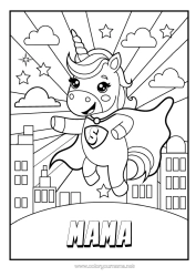 Página de desenho personalizável Unicórnio Herói Animal Dragões, unicórnios e animais fantásticos Paisagem urbana Emblema super