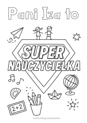 Coloriage personnalisable Héros Maîtresse/Maître Badge super Globe terrestre Métiers de l'éducation Avion en papier
