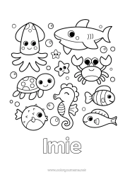 Coloriage personnalisable Kawaii Tortue Méduse Mer Animal Poisson Hippocampe Crabe Coquillages Requin Étoile de mer Animaux marins ou aquatique Reptiles Pieuvre, poulpe Tortue marine