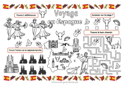 Página de desenho personalizável Atividades para Crianças Geografia Espanha Animais de fazenda Jogo americano para imprimir Touro