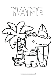 Página de desenho personalizável Esporte Crocodilo Verão Praia Animal Palmeira Colorações Intermediárias Surf Répteis Sports nautiques