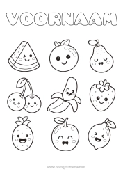Página de desenho personalizável Kawaii Cereja Abacaxi Frutas Desenhos para colorir fáceis Morango Melancia Banana Pêra Limão Maçã