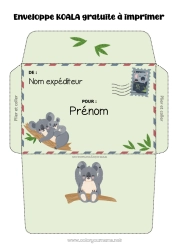 Coloriage personnalisable Animal Koala Enveloppe Pays Australie Autres animaux du monde Enveloppe à imprimer Voyage de lutin farceur Enveloppe pour courrier du lutin farceur de Noël Animaux d’Australie