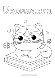 Página de desenho personalizável Fofo Gato Kawaii Animal Livro Cães e gatos Leitura Óculos